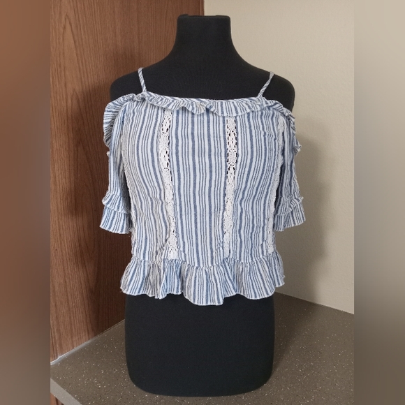 American Eagle Outfitters XS blue and white tank top off the shoulder sleeves - Picture 2 of 4